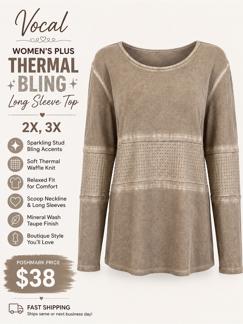 Vocal Plus Taupe Studded Thermal Top 2X 3X Bling Long Sleeve Boutique Boho NWT
